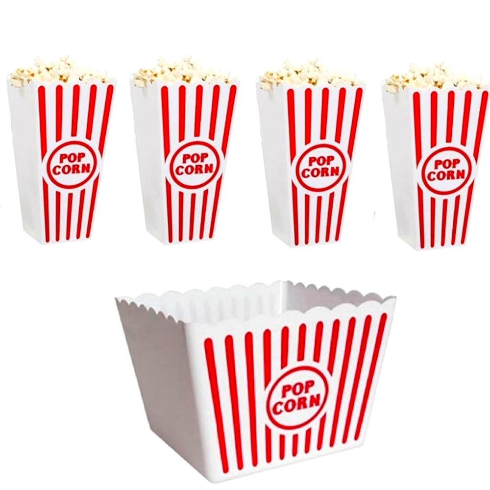 Red & White Striped Reusable Plastic Popcorn Containers-Set of 5